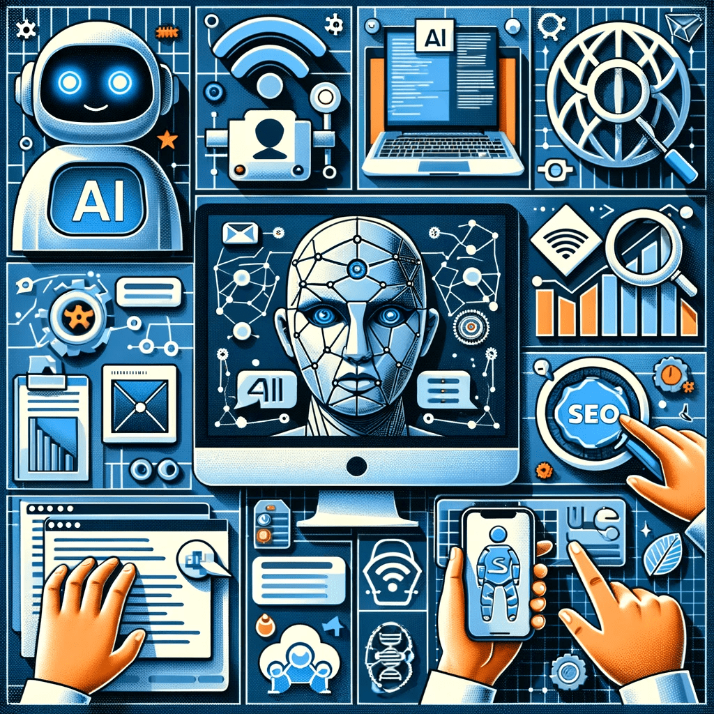 DALL·E 2024 01 04 09.47.34 A collage featuring various elements related to AI in web development a chatbot icon a personalized user interface on a computer screen an SEO grap
