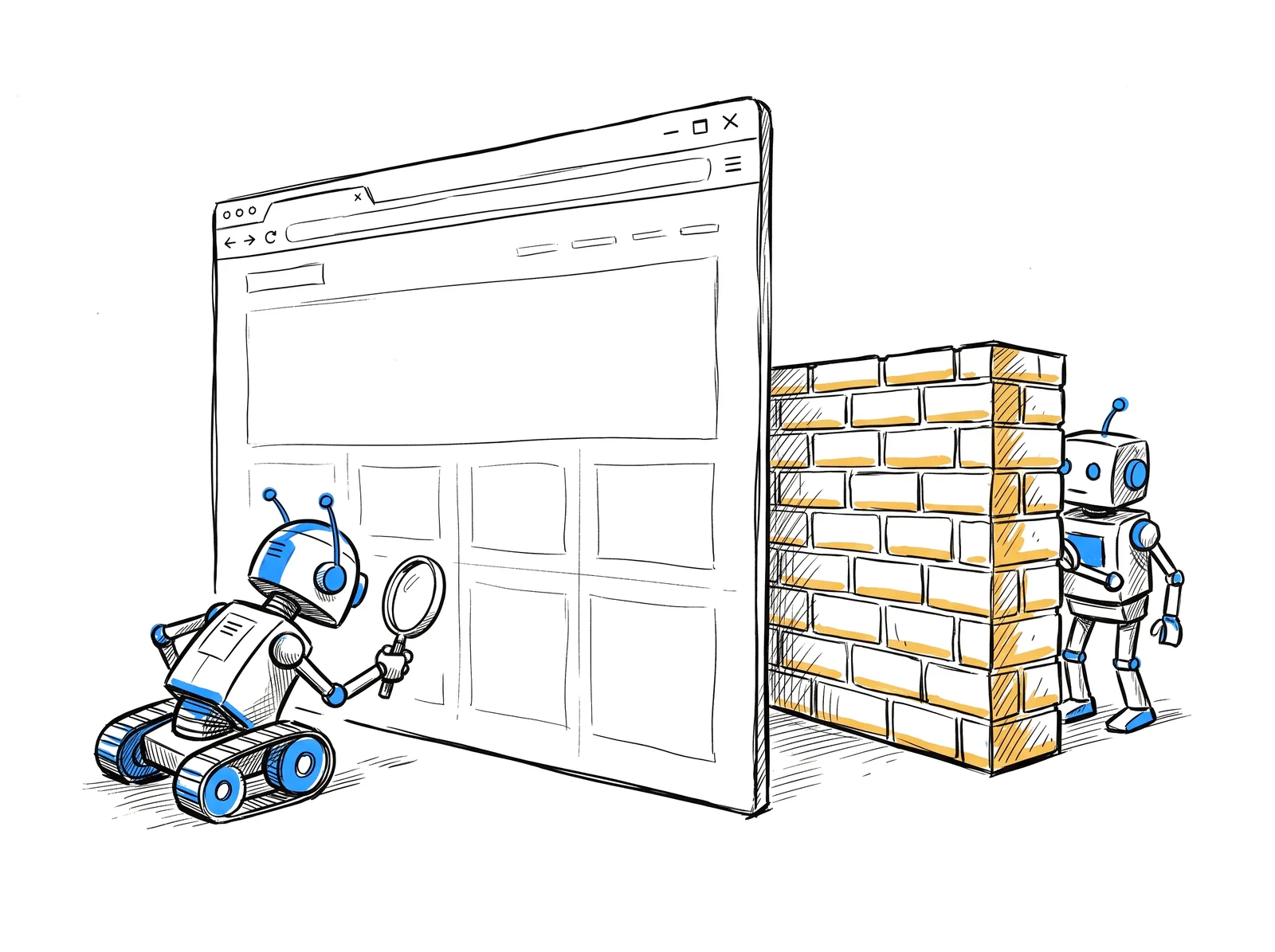 Sketch of an AI crawler robot inspecting a blank web page while another robot is blocked by a firewall