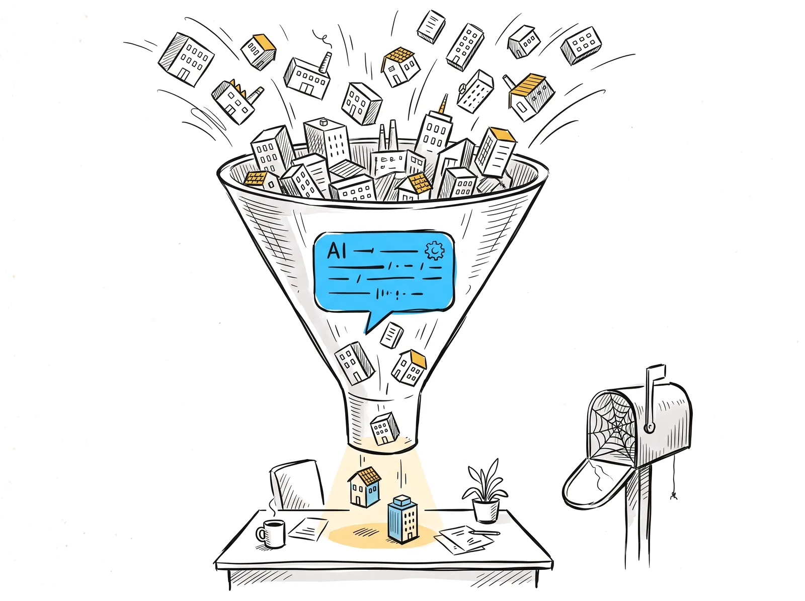 Sketch of a funnel where AI narrows many companies down to a few on a buyer's desk while an unused contact mailbox gathers cobwebs