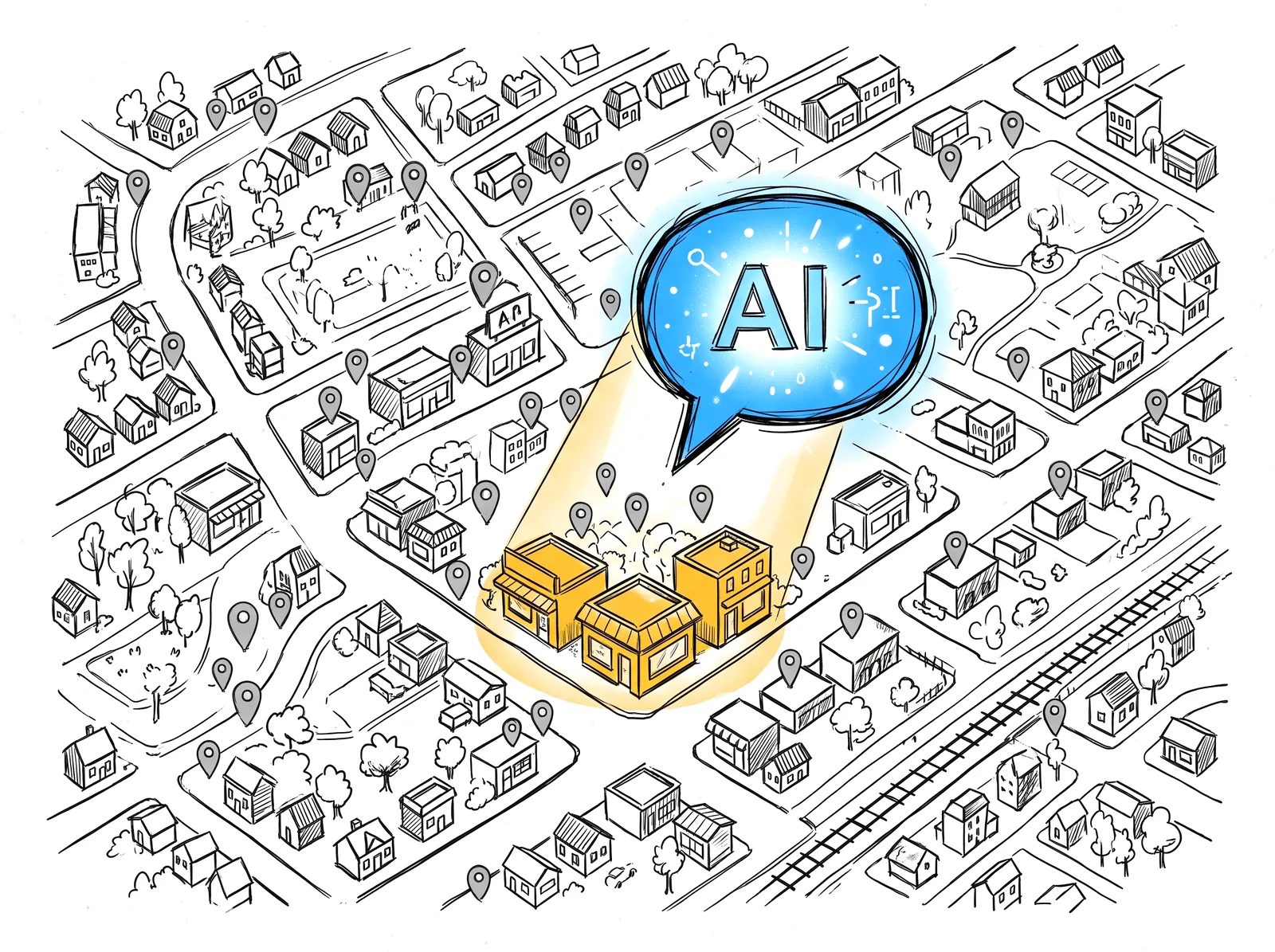 Sketch of a neighbourhood map where an AI speech bubble spotlights only three businesses out of many