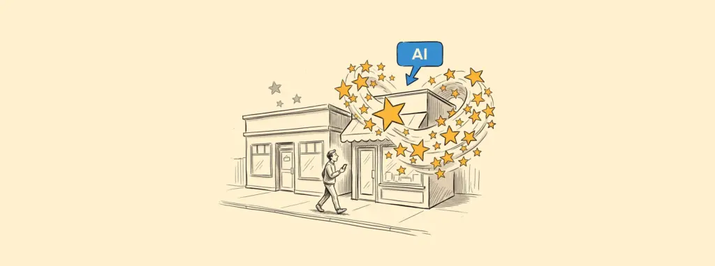 Sketch of two neighbourhood shops where an AI bubble points to the one surrounded by many review stars