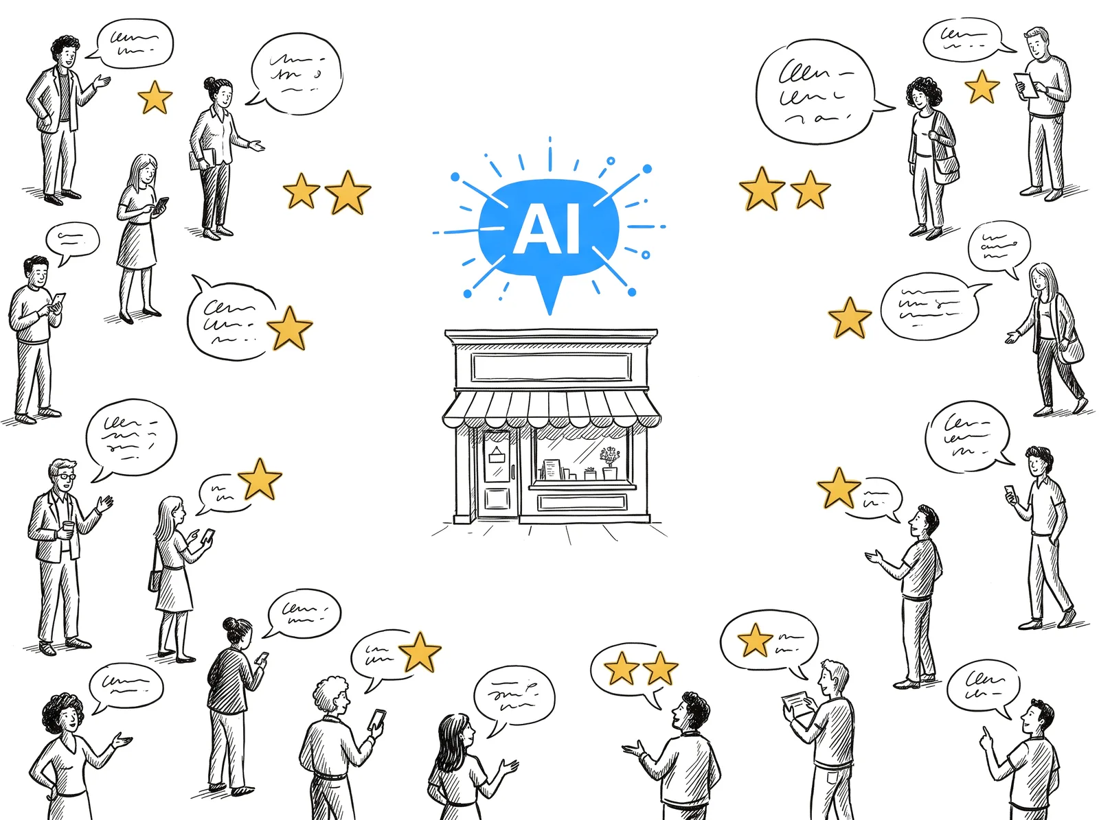 Sketch of many people sharing reviews and star ratings about one storefront that an AI bubble points to