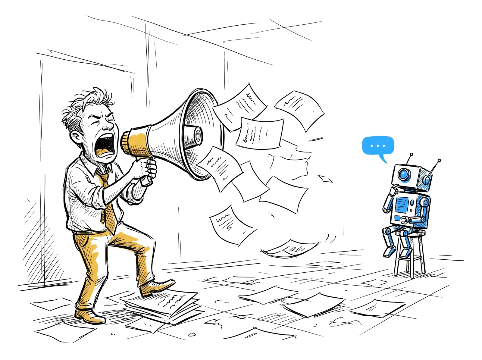 Sketch of a man shouting press releases through a megaphone while an unimpressed AI robot ignores him