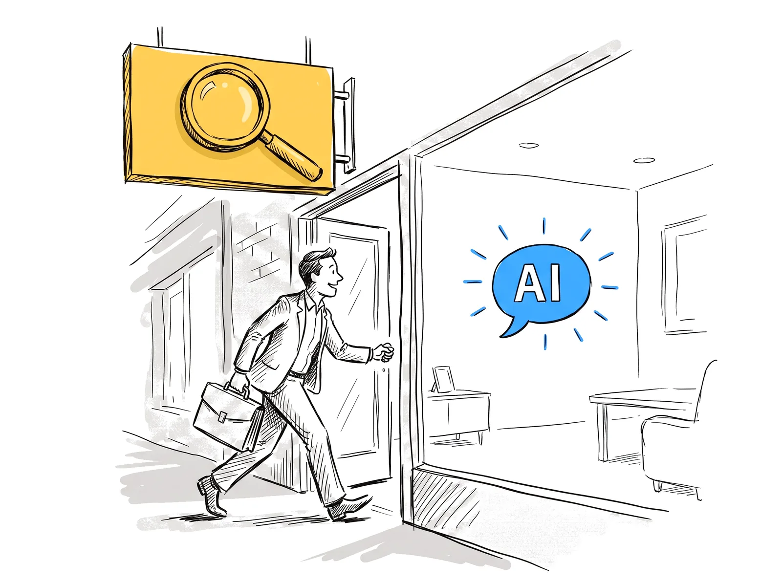 Sketch of a businessman walking under an SEO magnifying glass sign into a room where an AI speech bubble waits