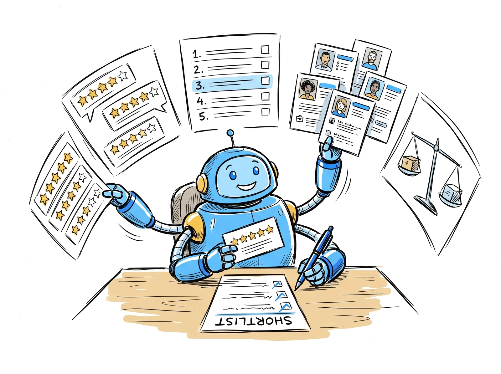 Sketch of an AI robot building a vendor shortlist from review stars, ranked lists, LinkedIn profiles and comparisons