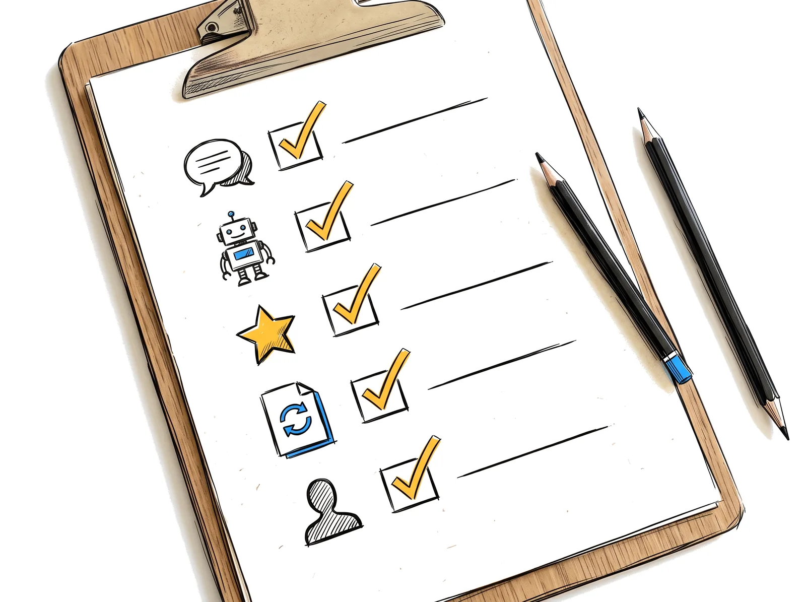 Sketch of a clipboard checklist with five checked steps for improving AI visibility