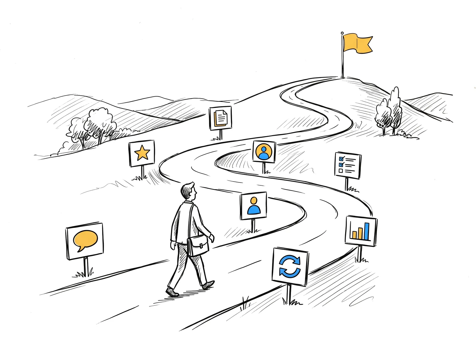 Sketch of a business owner walking a winding road past seven signposts toward a yellow flag, representing the B2B AI visibility plan