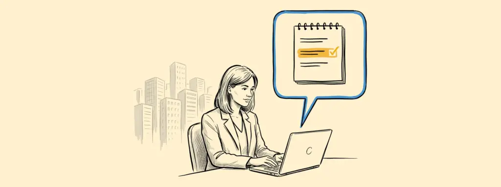 Sketch of a B2B buyer at a laptop while an AI chat bubble shows a short vendor shortlist with one name highlighted