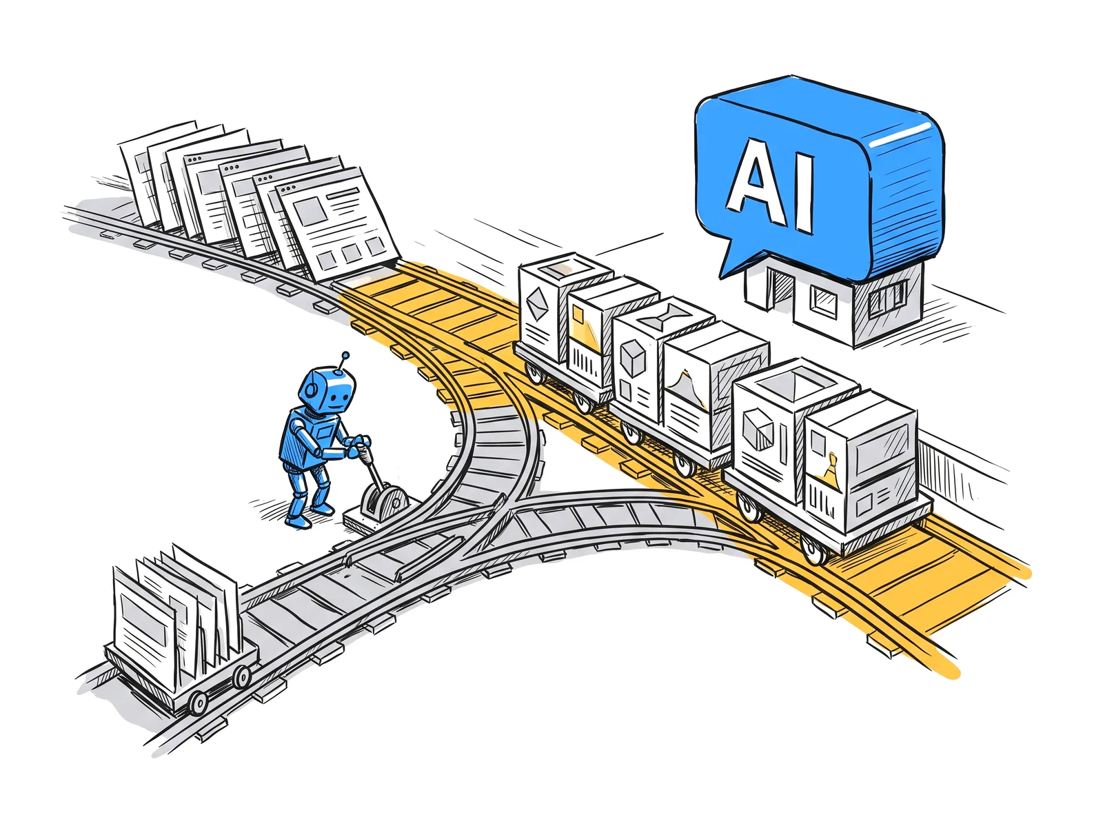 Sketch of an AI robot switching railway tracks so product feed boxes reach the AI station while web pages stall on a side track