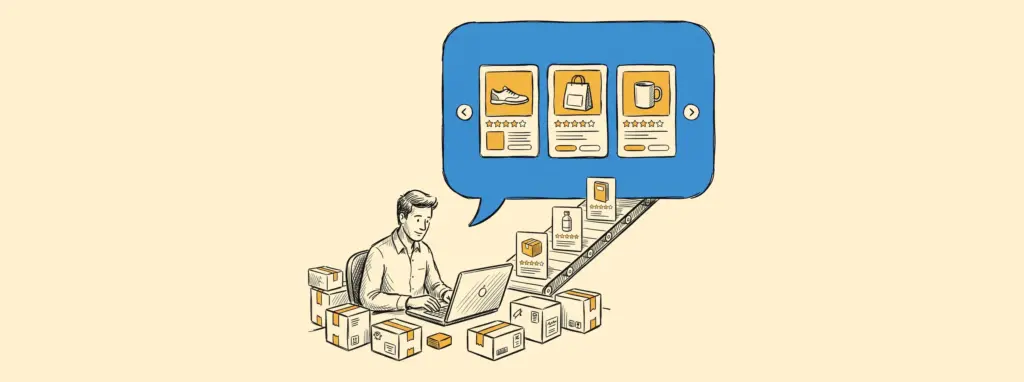 Sketch of an online store owner whose product data cards ride a conveyor belt into an AI chat bubble showing a product carousel