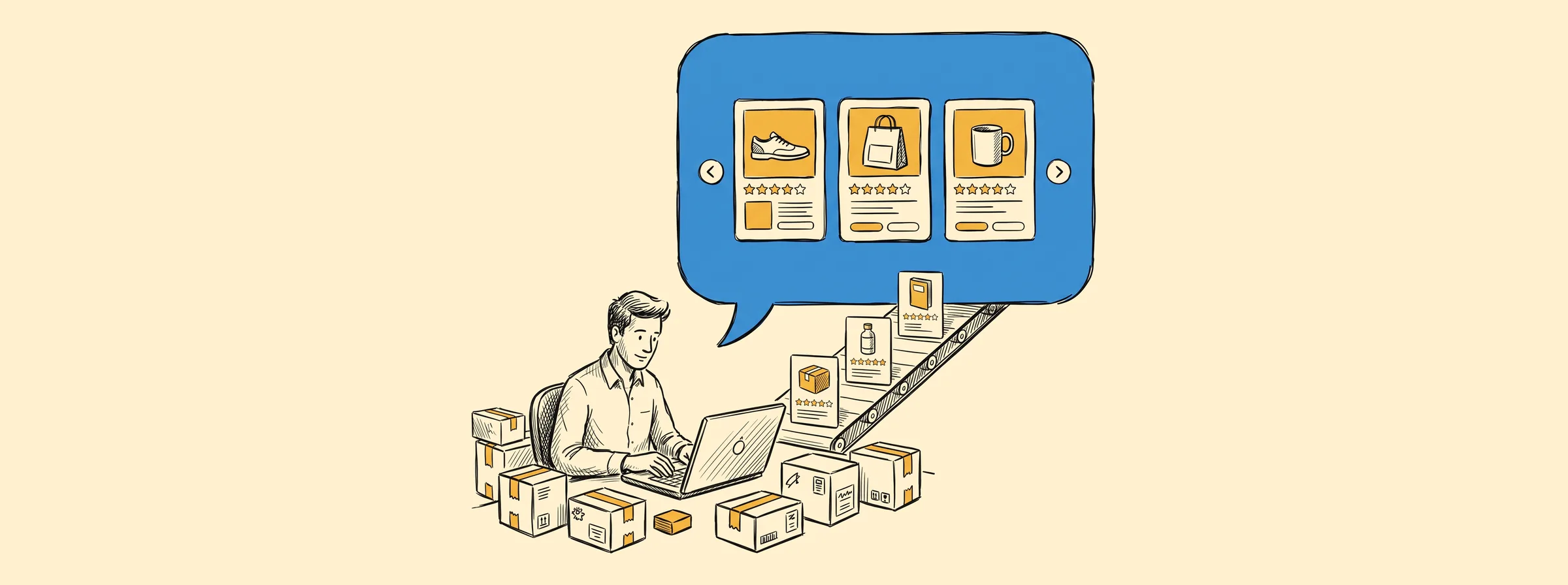 Sketch of an online store owner whose product data cards ride a conveyor belt into an AI chat bubble showing a product carousel
