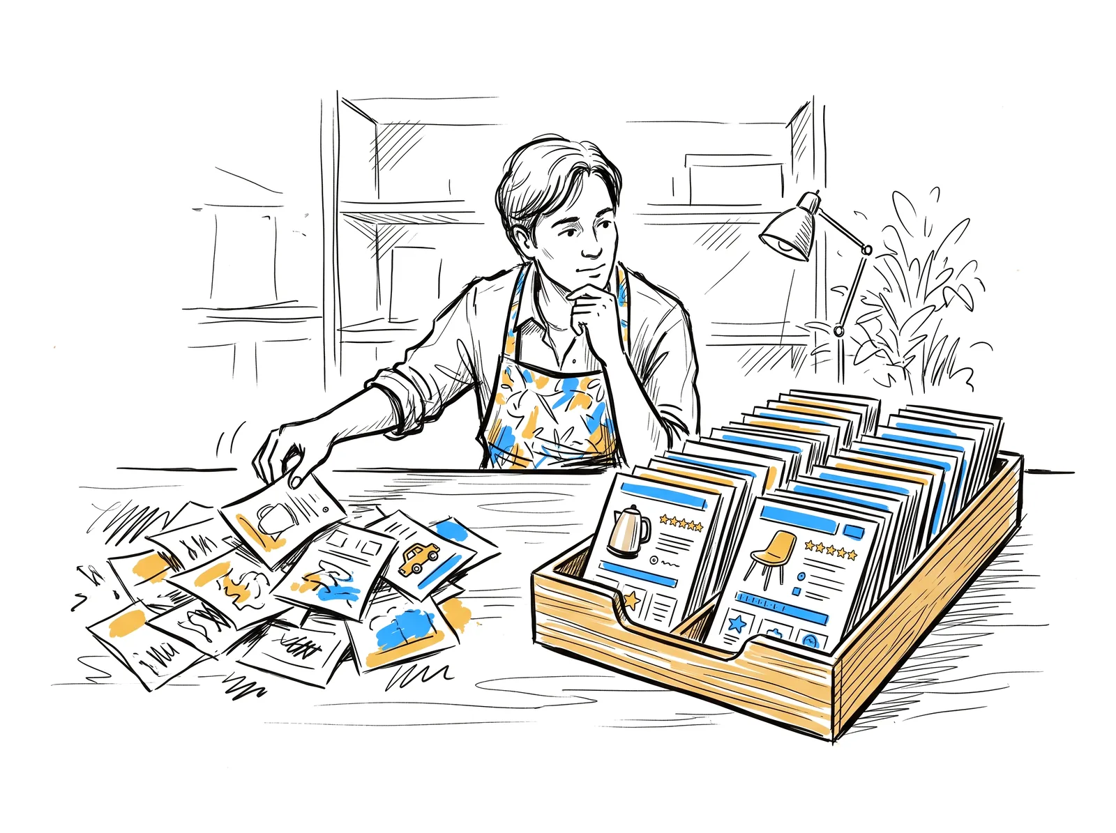 Sketch of a shop owner moving messy product cards into a neat tray of complete product data with photos and ratings