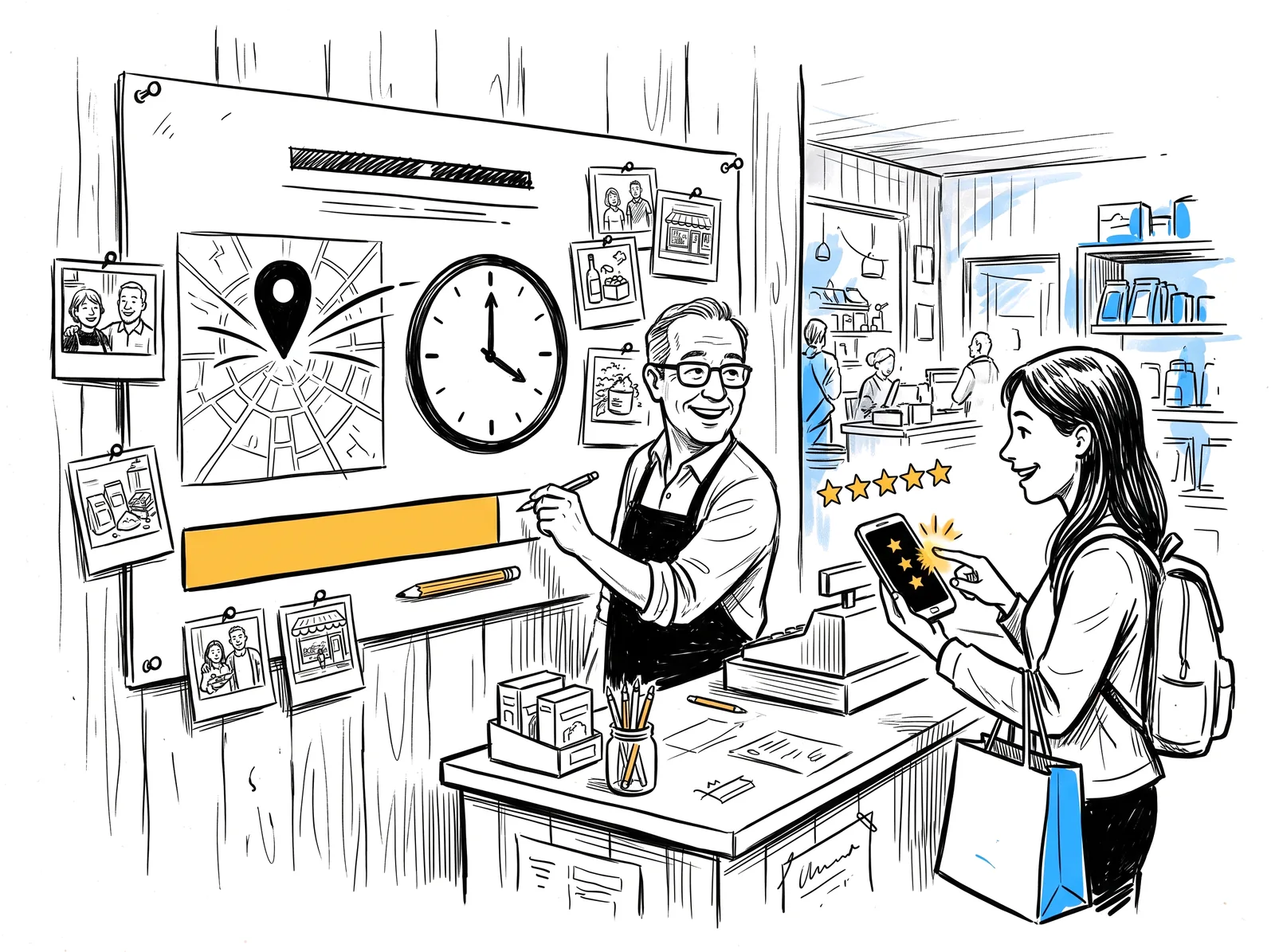 Sketch of a shop owner completing a business profile with map, hours and photos while a customer leaves a star review