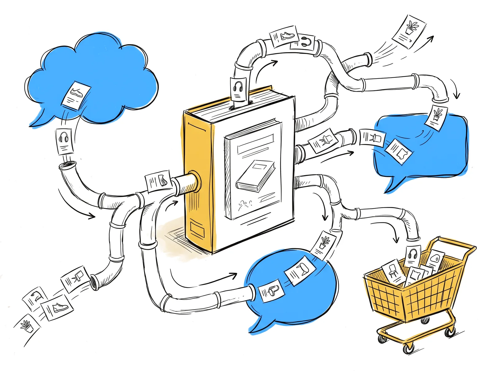Sketch of one product catalogue feeding several AI chat bubbles and a shopping cart through pipes
