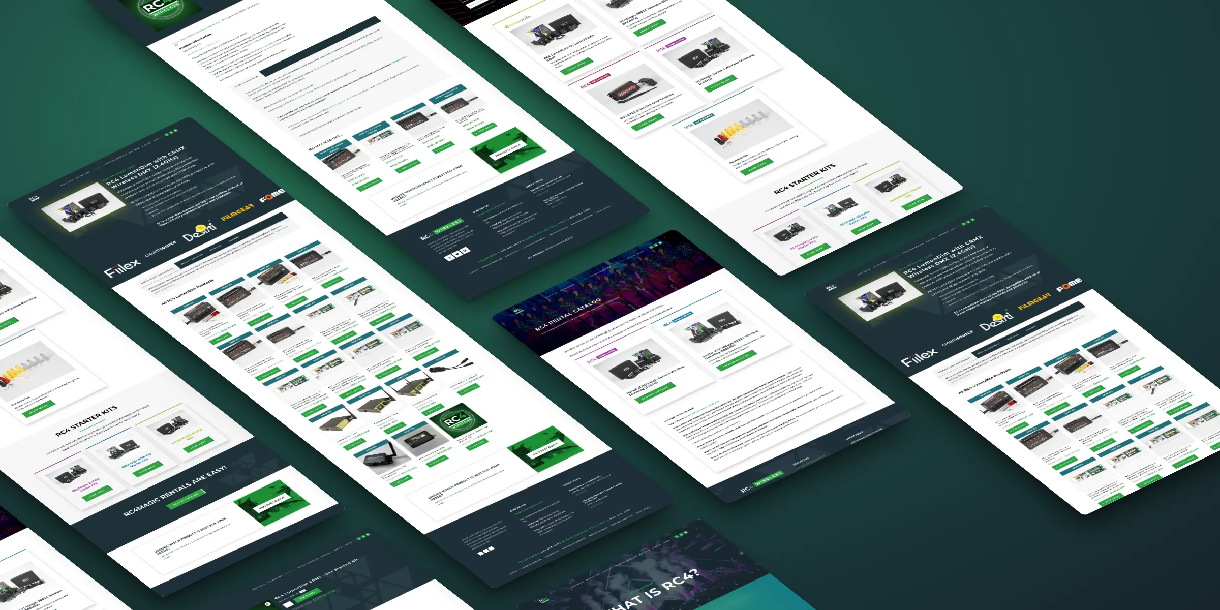 Perspective collage of the redesigned RC4 Wireless website pages: home, store, rental catalogue and product pages