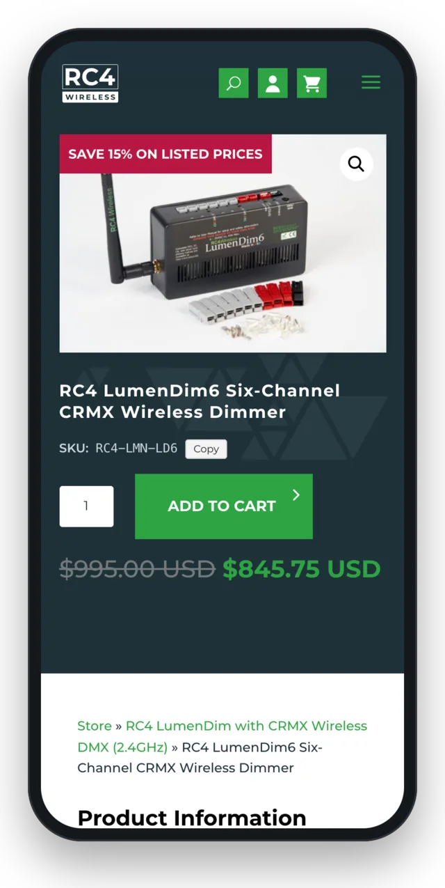 RC4 Wireless product page with sale pricing on a mobile phone