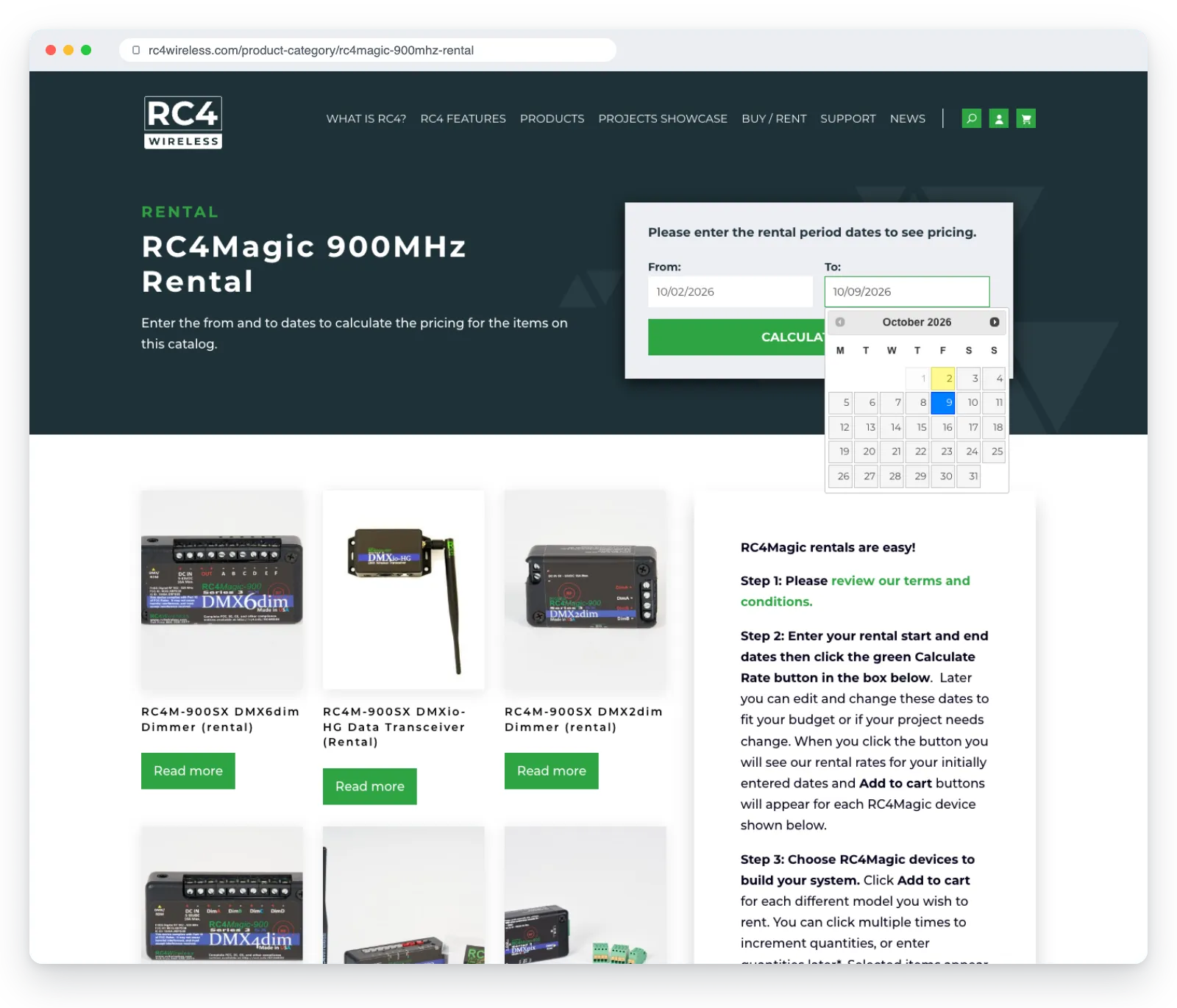 RC4 Wireless rental catalogue with the rental period date picker open