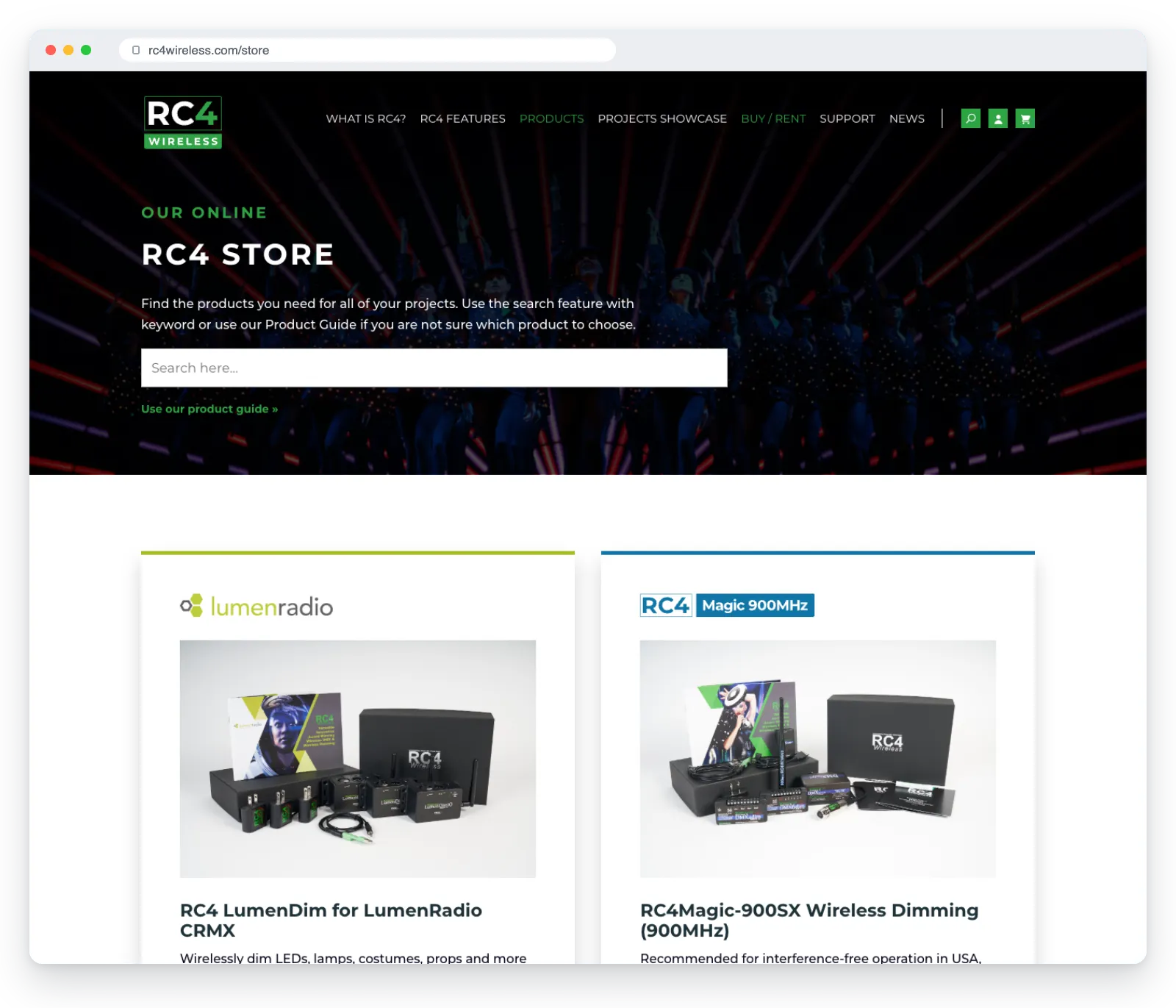 RC4 Wireless online store page with product search and products grouped by wireless system