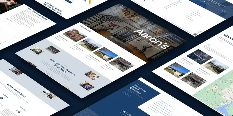 Aaron's Estate Sales website pages shown in perspective