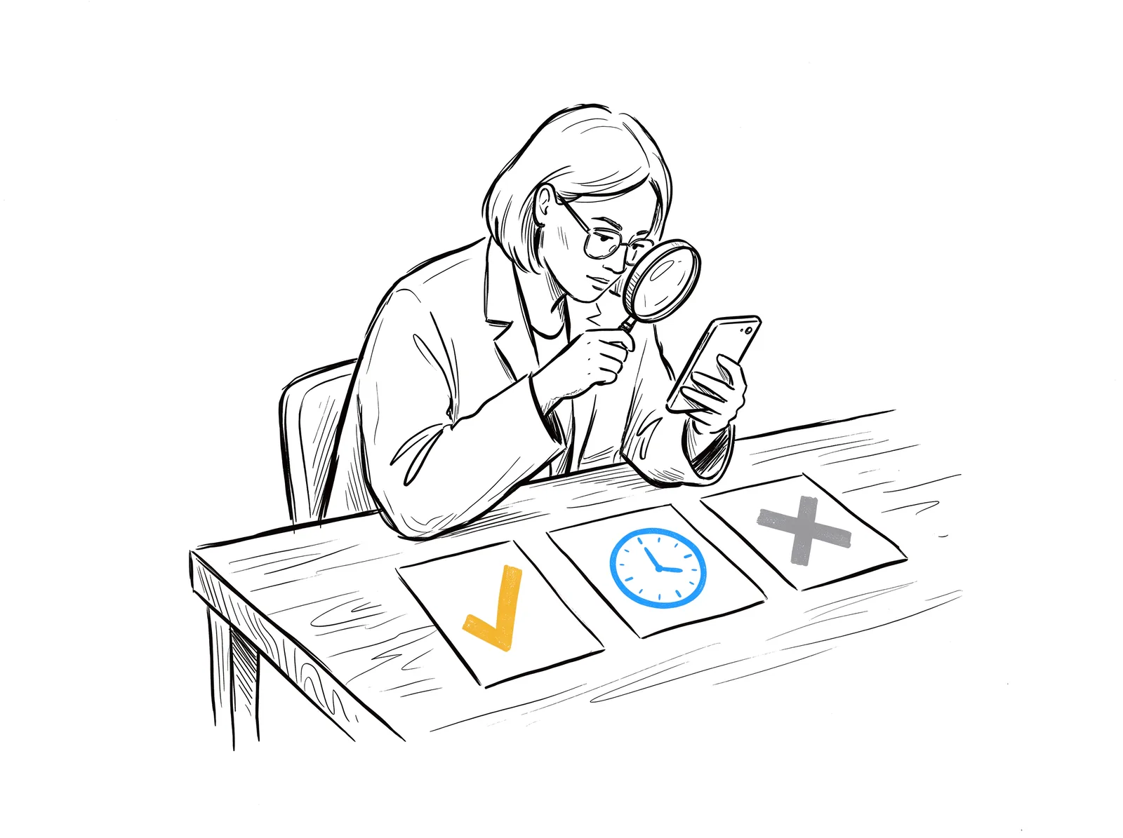 Sketch of a person examining a smartphone with a magnifying glass above three cards: a yellow check mark, a blue clock and a grey cross