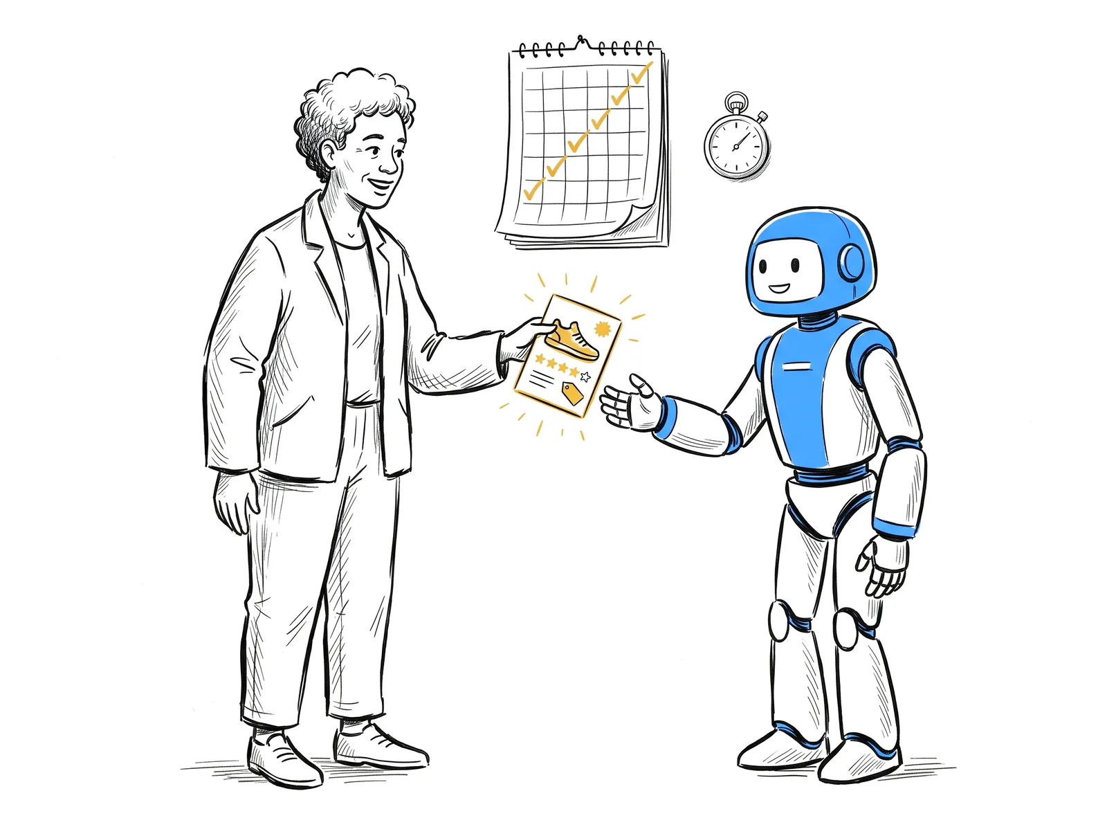 Sketch of a store owner handing a complete product card to an AI robot, with a monthly check calendar on the wall