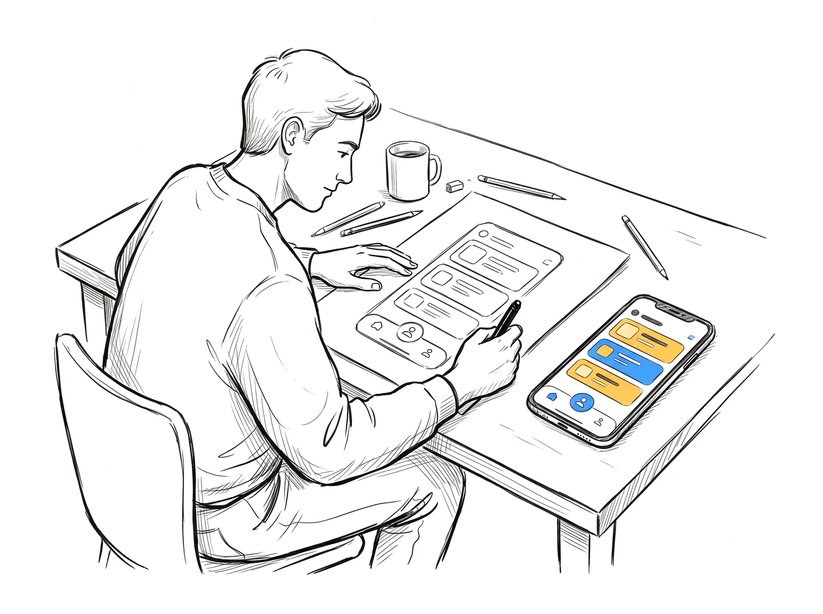 Sketch of a designer drawing an app screen on paper next to a smartphone showing the finished colour design