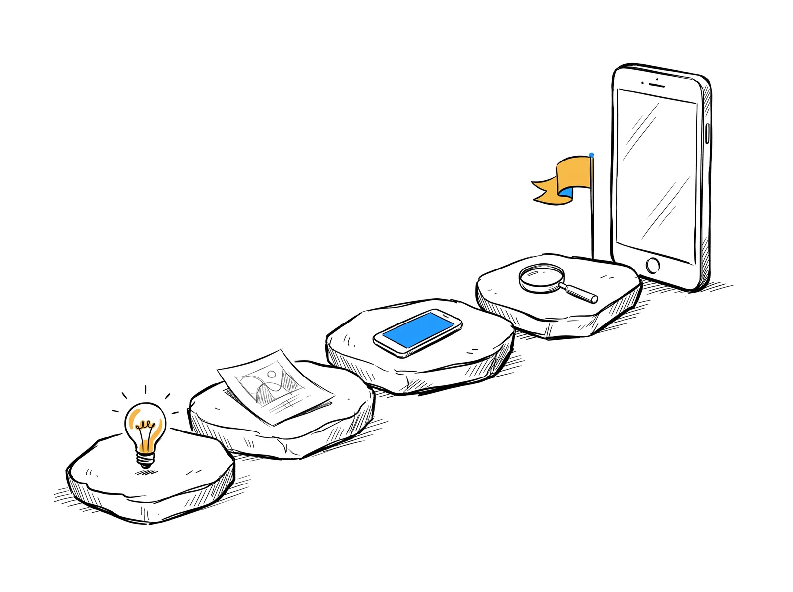 Sketch of stepping stones with a lightbulb, a sketch, a phone, a magnifying glass and a yellow flag leading to a large smartphone