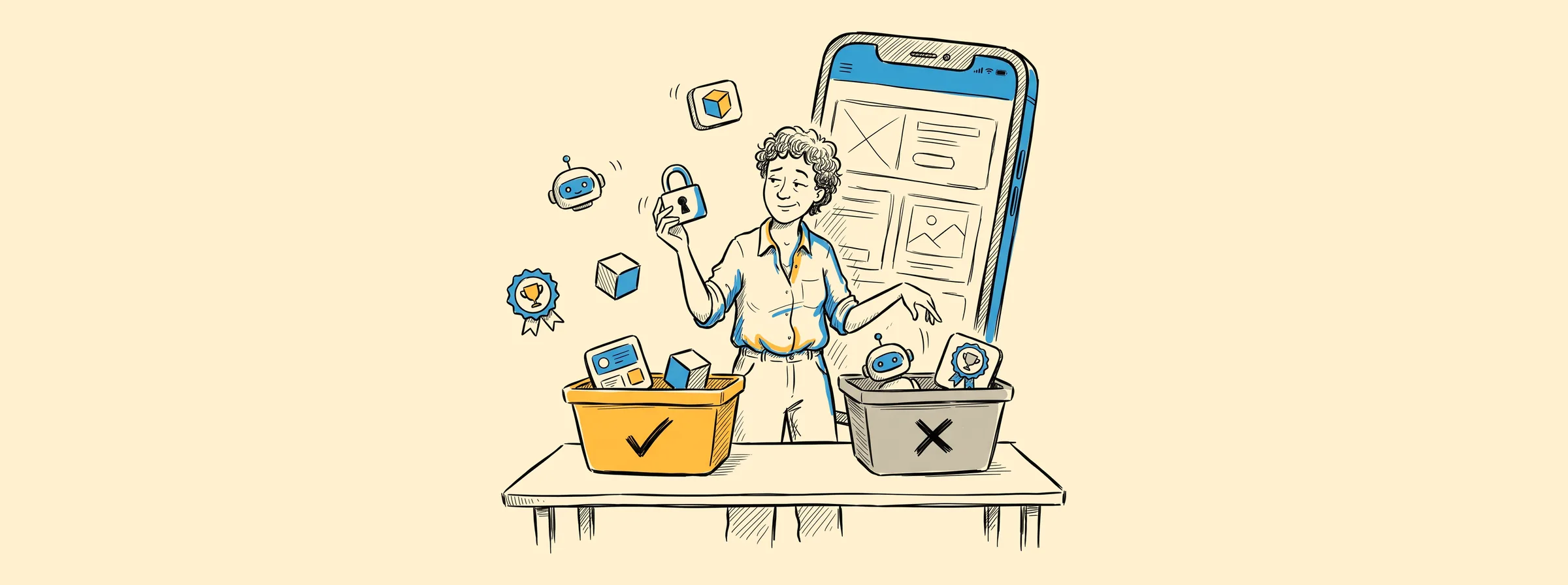Sketch of a business owner sorting app features into a yellow basket with a check mark and a grey basket with a cross, in front of a large smartphone