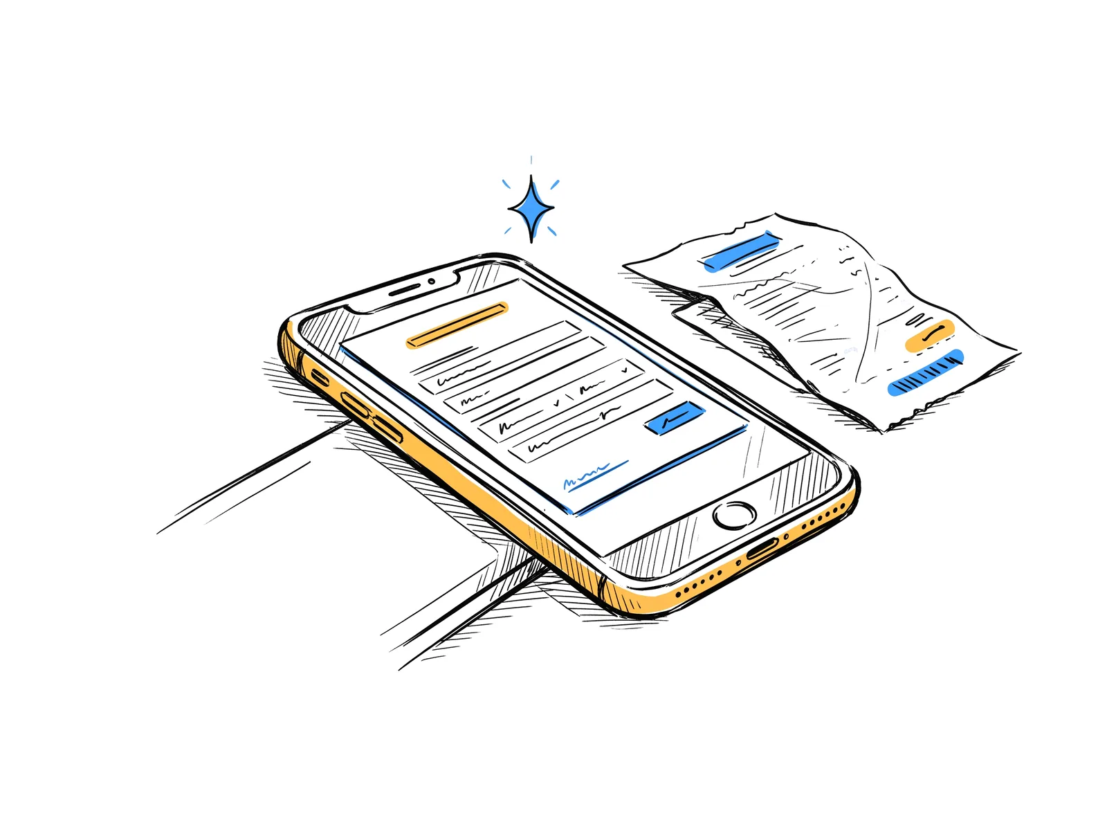 Sketch of a smartphone filling in a form from a paper receipt, with a small blue AI sparkle above it
