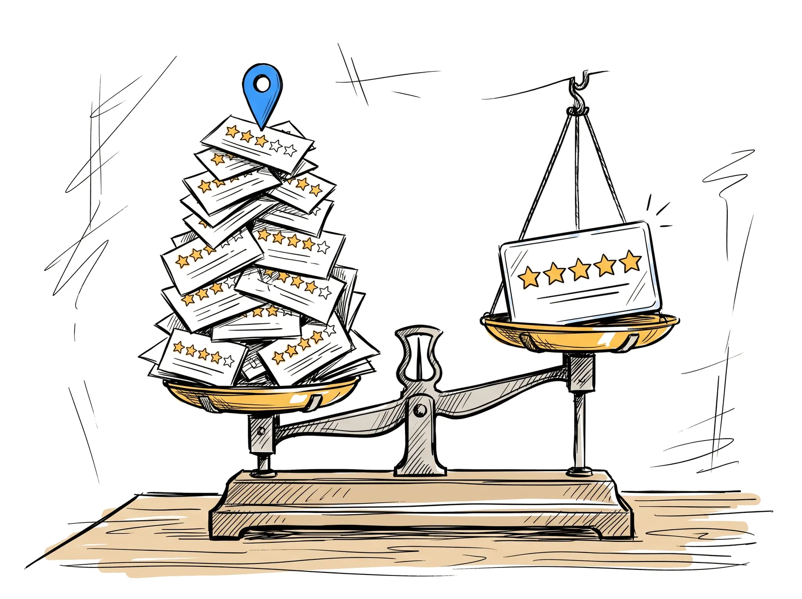 Sketch of a balance scale tipping toward a big pile of review cards over a single perfect five-star review