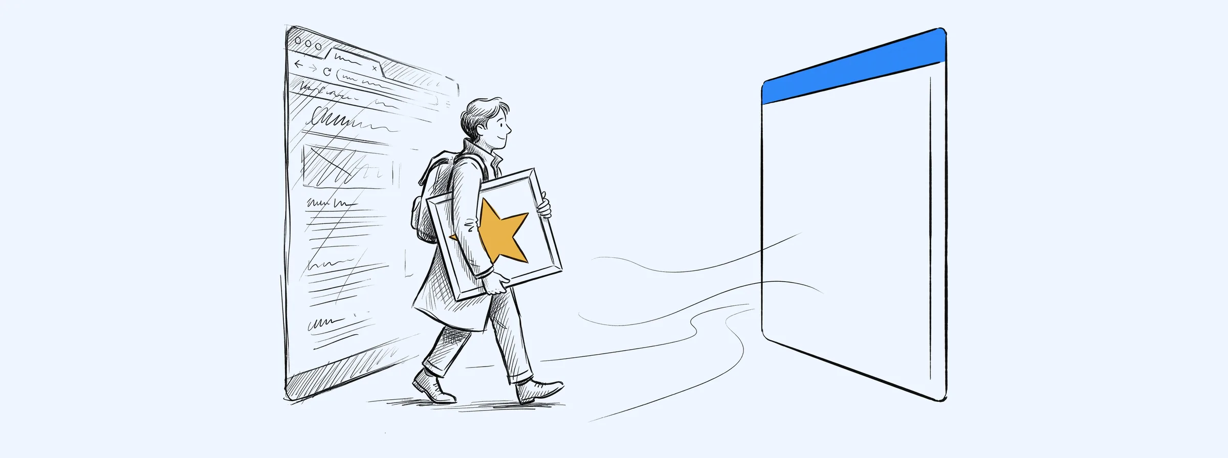 Illustration of a person carrying a framed gold star from an old website to a new one, keeping their rankings through a redesign