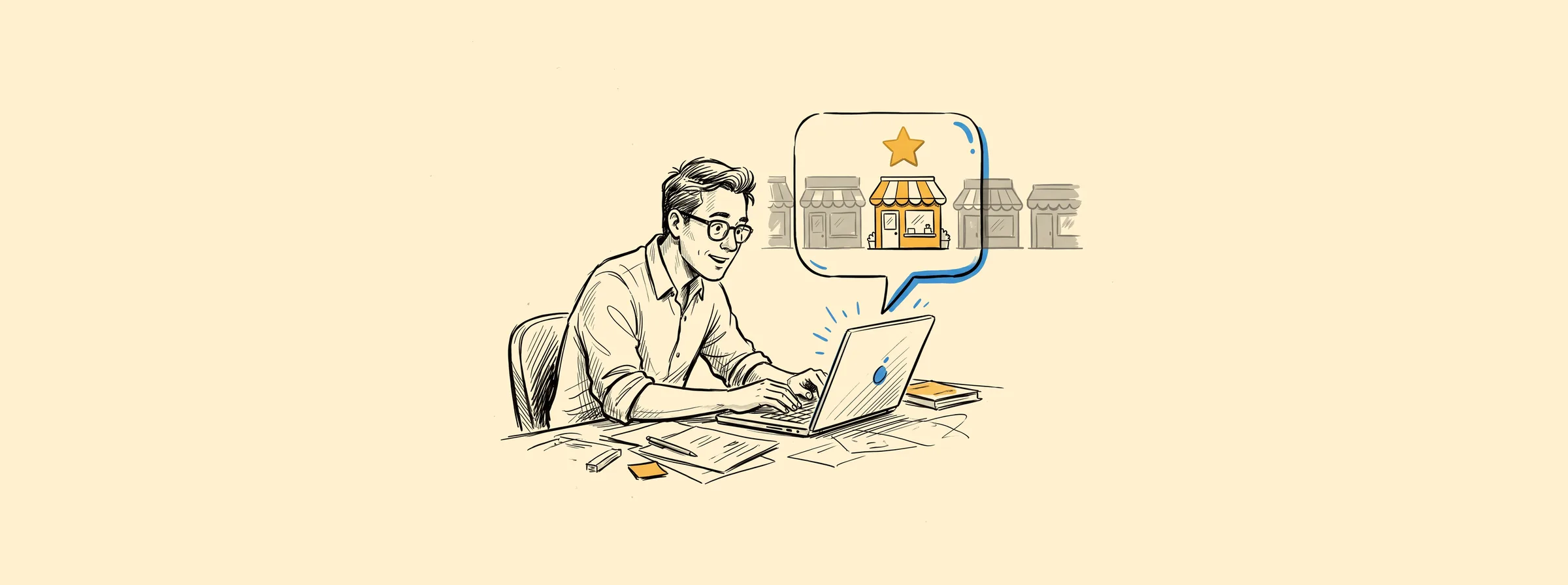 Sketch of a business owner at a laptop while an AI chat bubble recommends one highlighted storefront among many