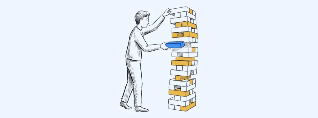 Illustration of a person carefully sliding a new blue block into a tall tower of blocks, like updating WordPress plugins one at a time